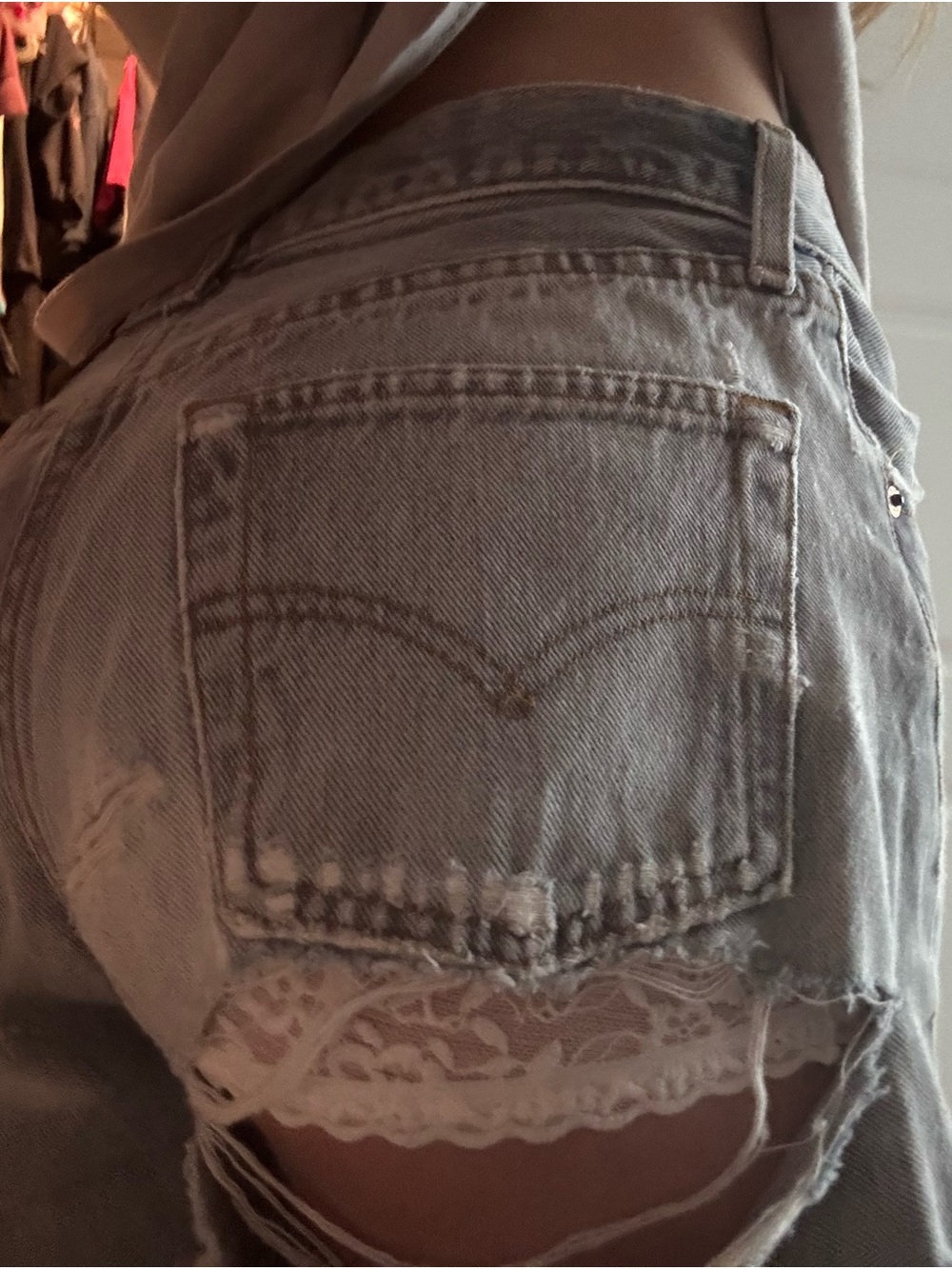 High-Rise Distressed Denim Shorts - Washed Gray